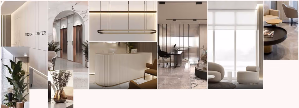 Concept board of reception and waiting area imagery with warm timber, stone and fluted panels, beside five material swatches.