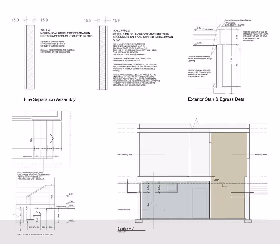 Sheet of construction details: two fire separation wall assemblies, an exterior stair and egress detail, and a building section.