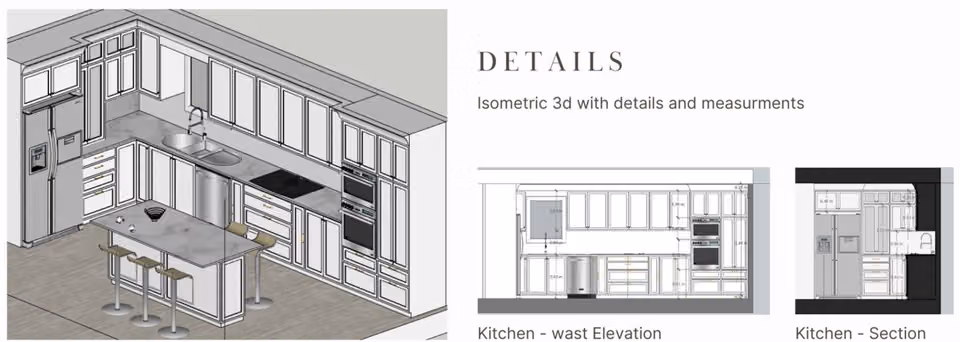Isometric drawing of the kitchen with an island, plus a west elevation and a section.